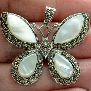 925 Sterling Silver Marcasite & Mother of Pearl Butterfly Pendant